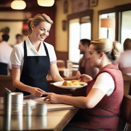 A waitress is serving a customer in a cozy diner