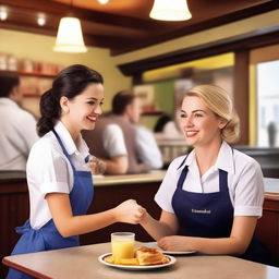 A waitress is serving a customer in a cozy diner