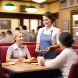 A waitress is serving a customer in a cozy diner