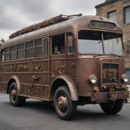 A bus designed in a steampunk style, featuring aged-iron aesthetics, brass and copper embellishments, steam-driven mechanisms, and gears and gauges galore.