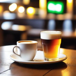 A beer and a cup of coffee are placed on a wooden table in a cozy café