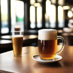 A beer and a cup of coffee are placed on a wooden table in a cozy café