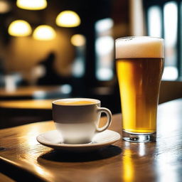 A beer and a cup of coffee are placed on a wooden table in a cozy café