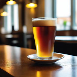 A beer and a cup of coffee are placed on a wooden table in a cozy café