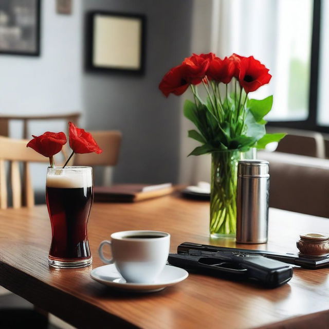 A table with a beer and a cup of coffee placed side by side