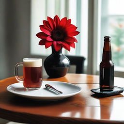 A table with a beer and a cup of coffee placed side by side