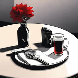 A table with a beer and a cup of coffee placed side by side