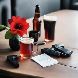 A table with a beer and a cup of coffee placed side by side