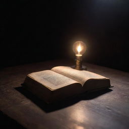 An old, mysterious book floating under a spotlight over a dark, aged wooden table, emitting an enchanting glow and surrounded by a subtle magic aura.