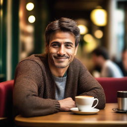 A man is sitting at a table with a cup of coffee in front of him