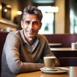 A man is sitting at a table with a cup of coffee in front of him