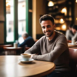 A man is sitting at a table with a cup of coffee in front of him