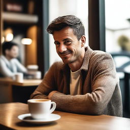 A man is sitting at a table with a cup of coffee in front of him