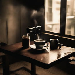 A table with a cup of coffee and a gun placed next to each other