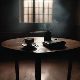 A table with a cup of coffee and a gun placed next to each other