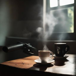 A table with a gun placed next to a coffee cup