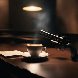 A table with a gun placed next to a coffee cup