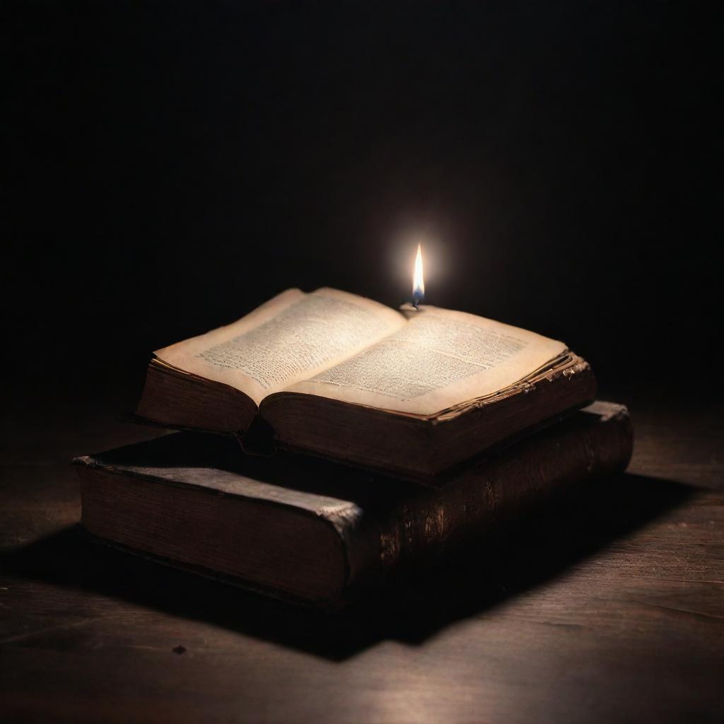 An old, mysterious book floating under a spotlight over a dark, aged wooden table, emitting an enchanting glow and surrounded by a subtle magic aura.