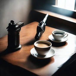 A table with a gun placed next to a coffee cup