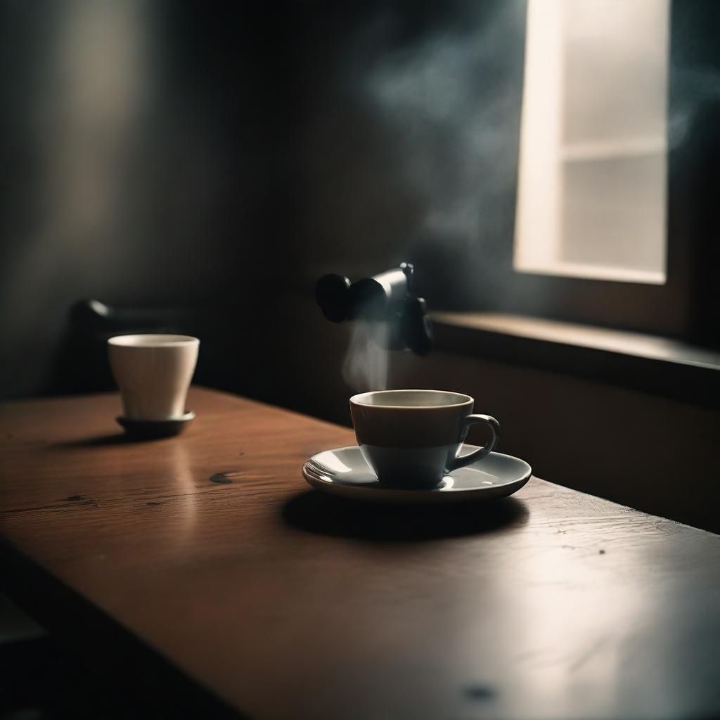 A table with a gun placed next to a coffee cup