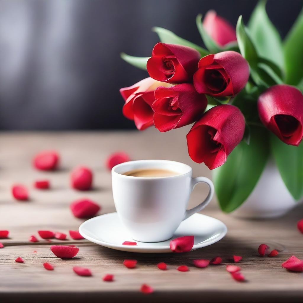 A coffee cup with red roses and tulips falling off its sides