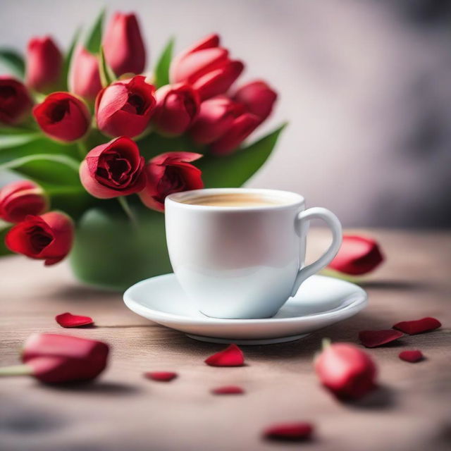 A coffee cup with red roses and tulips falling off its sides