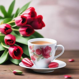 A coffee cup with red roses and tulips falling off its sides