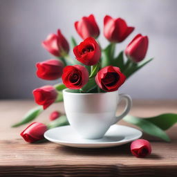 A coffee cup with red roses and tulips falling off its sides