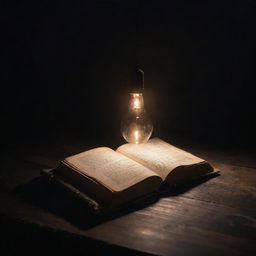 An old, mysterious book floating under a spotlight over a dark, aged wooden table, emitting an enchanting glow and surrounded by a subtle magic aura.