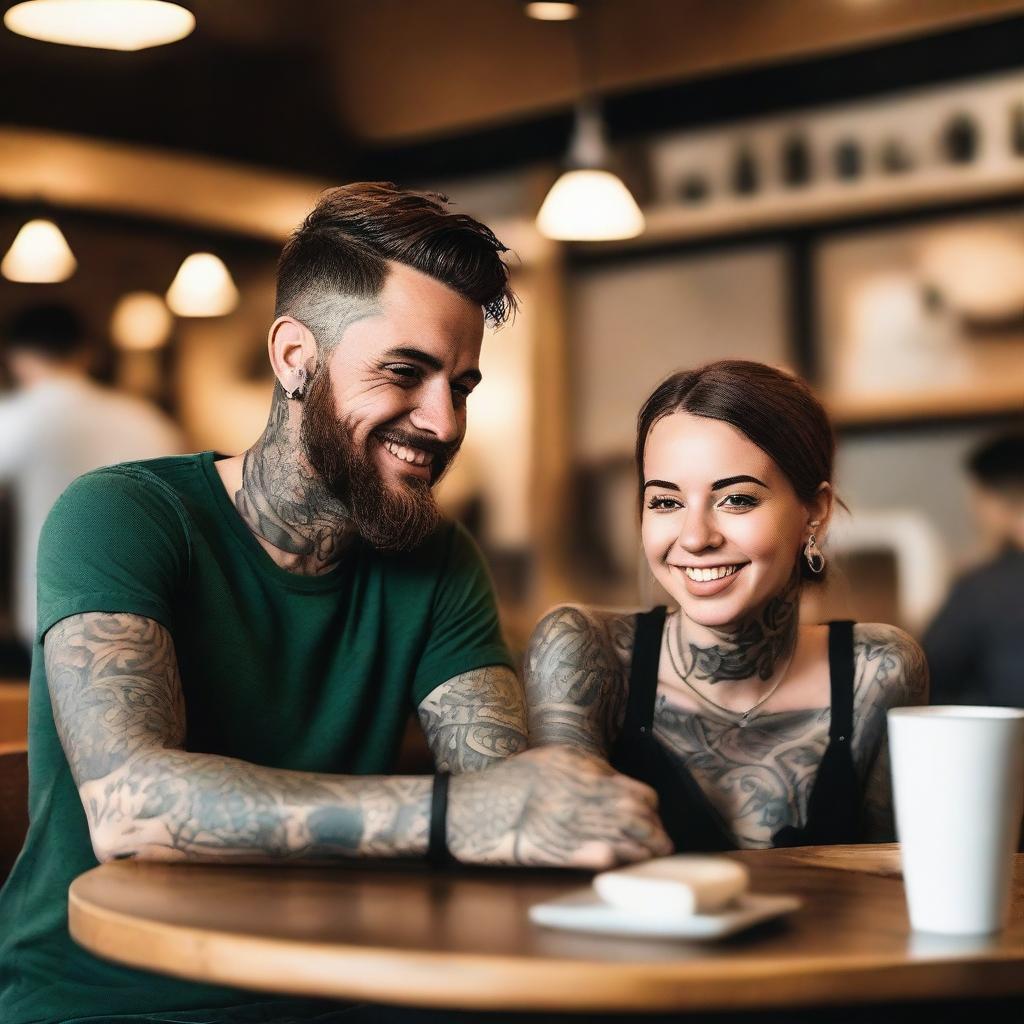 A guy with tattoos sitting at a table in a coffee shop