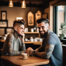 A guy with tattoos sitting at a table in a coffee shop