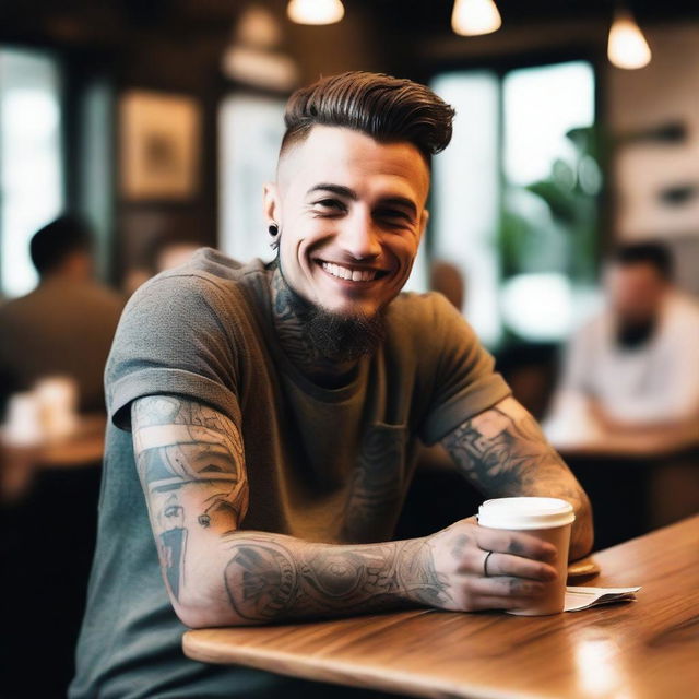 A guy with tattoos sitting at a table in a coffee shop