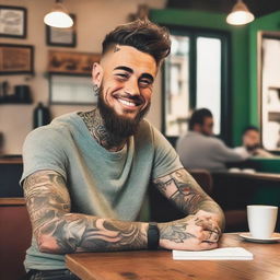 A guy with tattoos sitting at a table in a coffee shop