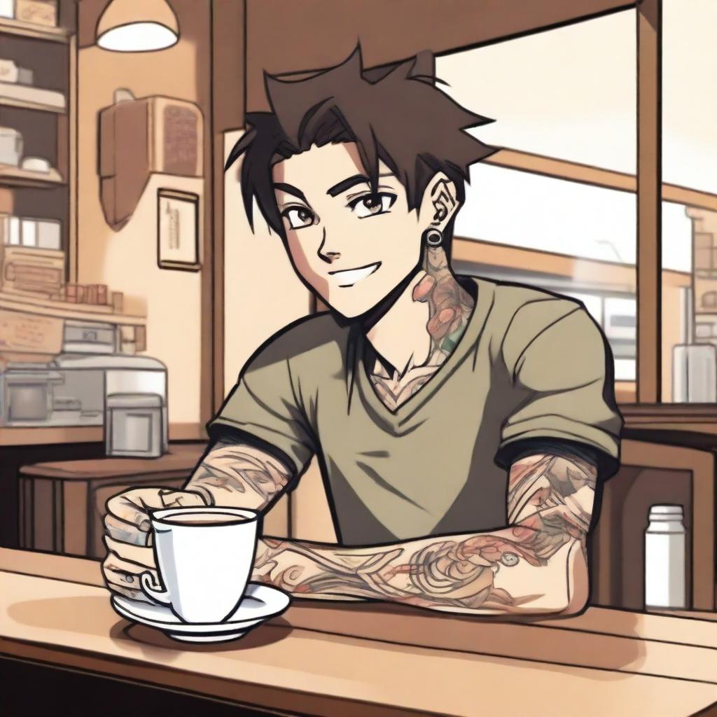 An anime-style illustration of a guy with tattoos sitting at a table in a coffee shop