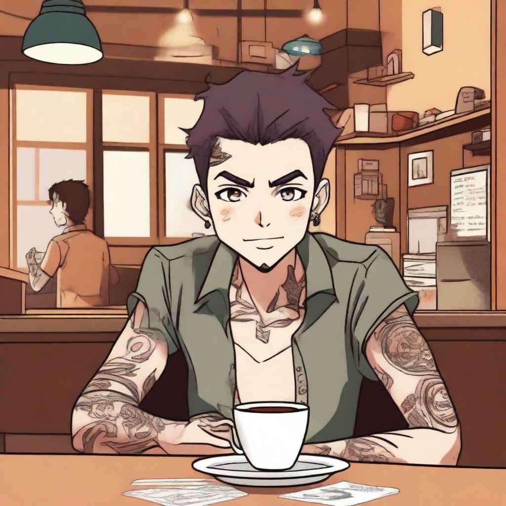 An anime-style illustration of a guy with tattoos sitting at a table in a coffee shop