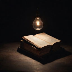 An old, mysterious book floating under a spotlight over a dark, aged wooden table, emitting an enchanting glow and surrounded by a subtle magic aura.