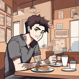 An anime-style illustration of a guy with tattoos sitting at a table in a coffee shop