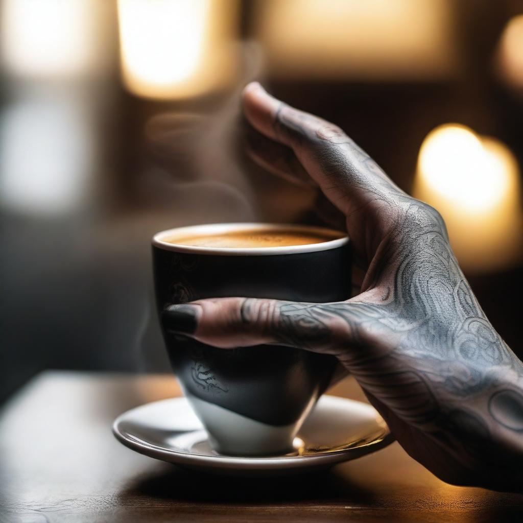 A cinematic close-up shot of a hand with intricate tattoos holding a cup of coffee