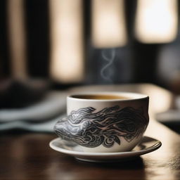 A cinematic close-up shot of a hand with intricate tattoos holding a cup of coffee