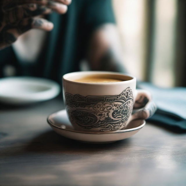 A cinematic close-up shot of a hand with intricate tattoos holding a cup of coffee