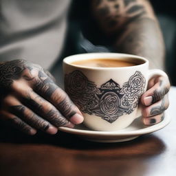 A cinematic close-up shot of a hand with intricate tattoos holding a cup of coffee