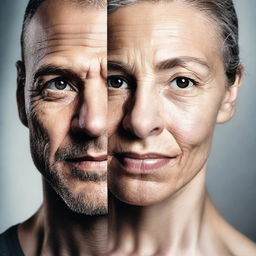 A split portrait featuring a woman and a man