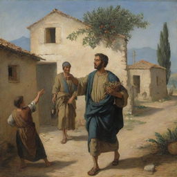 Scene of a messenger arriving at a village, triumphantly bearing an olive branch as a symbol of peace