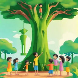 A vibrant scene featuring a green guardian, a mythical protector of nature, standing tall with kids around him