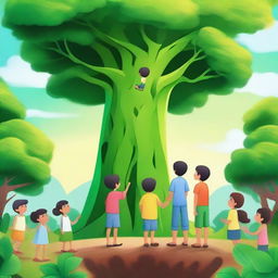 A vibrant scene featuring a green guardian, a mythical protector of nature, standing tall with kids around him