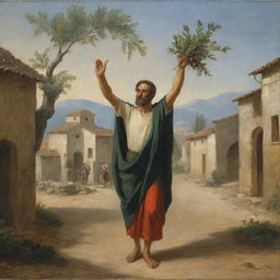 Scene of a messenger arriving at a village, triumphantly bearing an olive branch as a symbol of peace