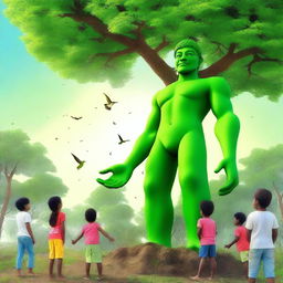 A vibrant scene featuring a green guardian, a mythical protector of nature, standing tall with kids around him