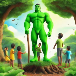 A vibrant scene featuring a green guardian, a mythical protector of nature, standing tall with kids around him