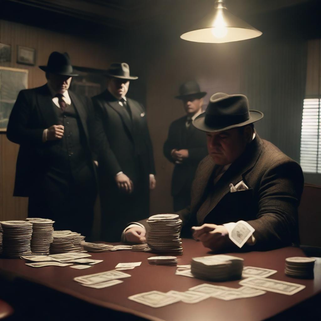 A dramatic scene featuring members of a mafia organization