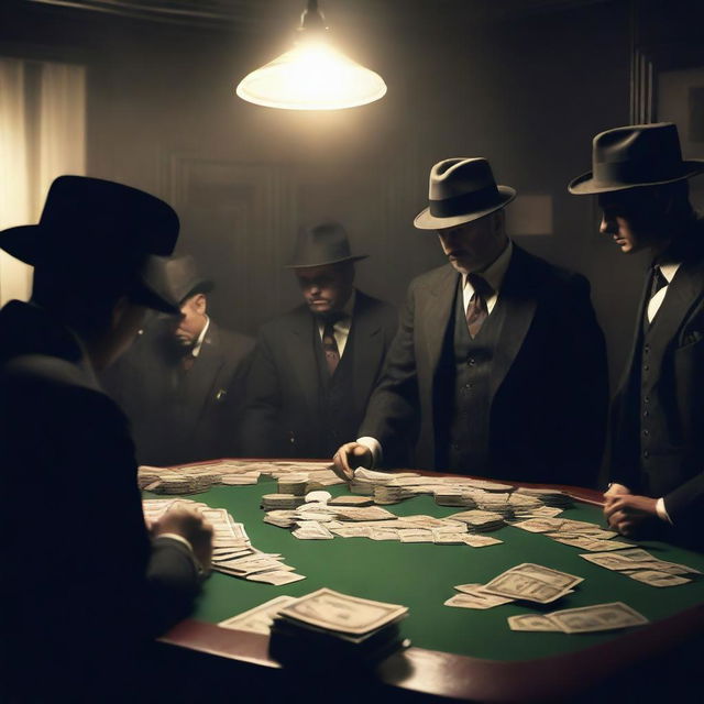 A dramatic scene featuring members of a mafia organization